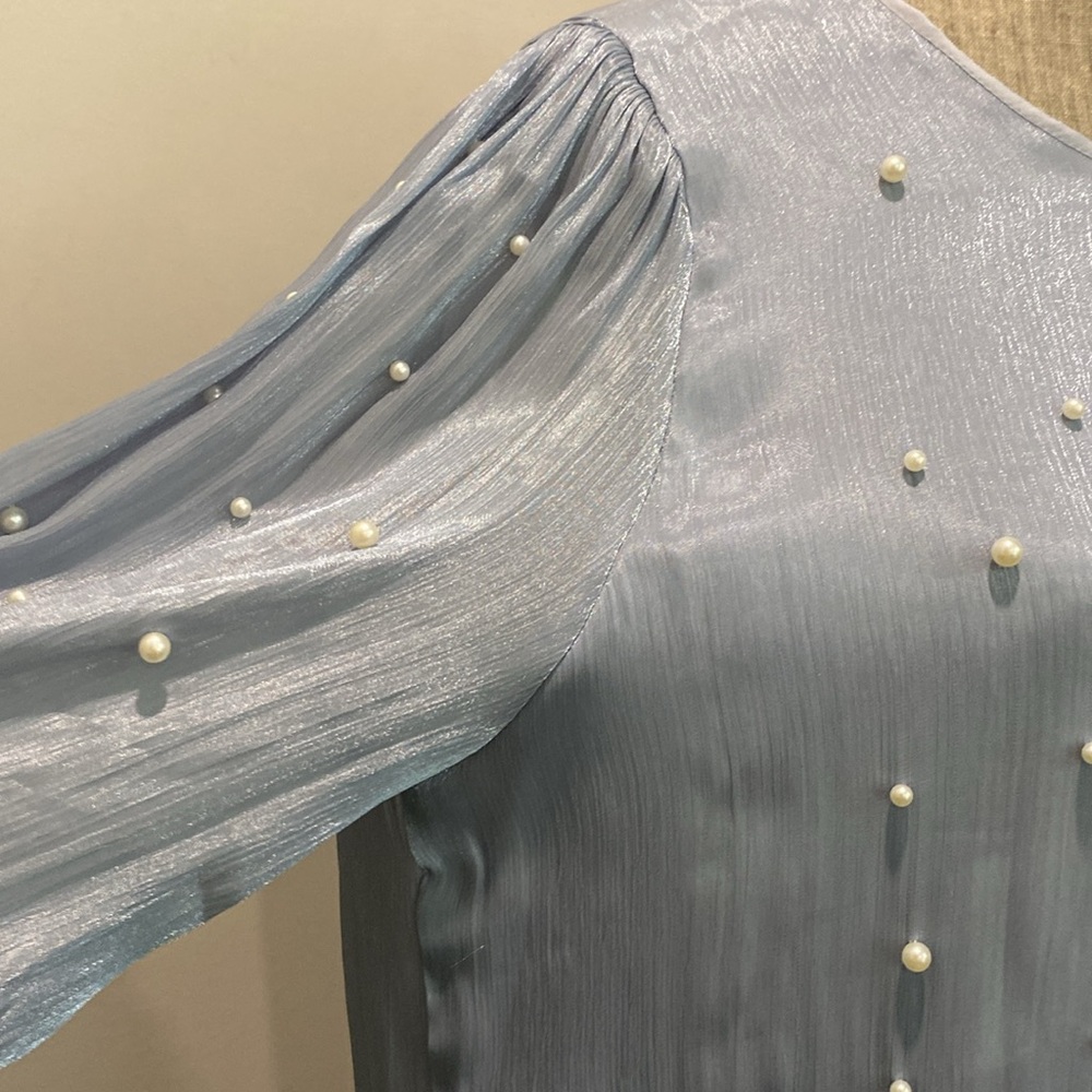 Pearl-Embellished Light Blue Long-Sleeve Women's Top - Picture 7 of 16